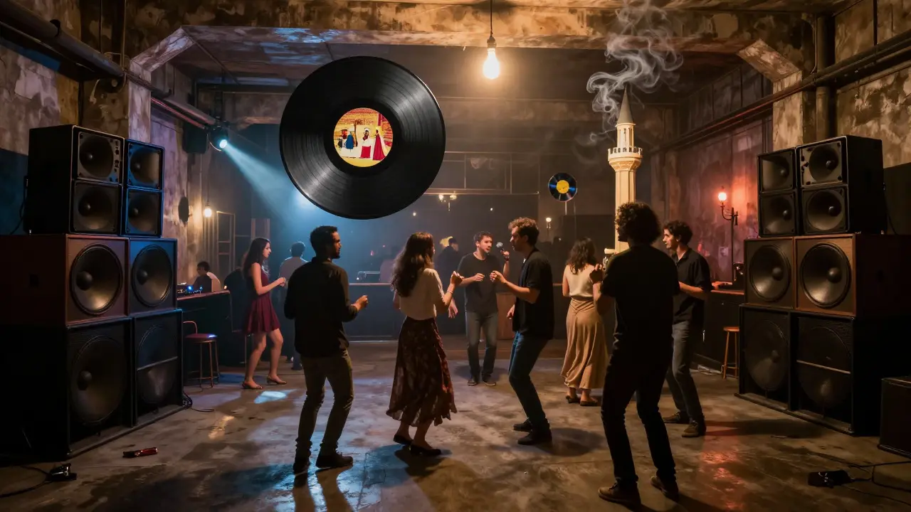 Underground techno club in Kadıköy with dancers, pulsing lights, and floating vinyl records showing Istanbul’s heritage.