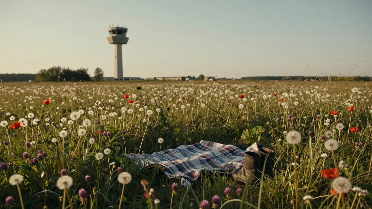 Wildflowers grow unchecked behind an old airport building at sunset, with a lone blanket on the grass and the control tower in the distance.