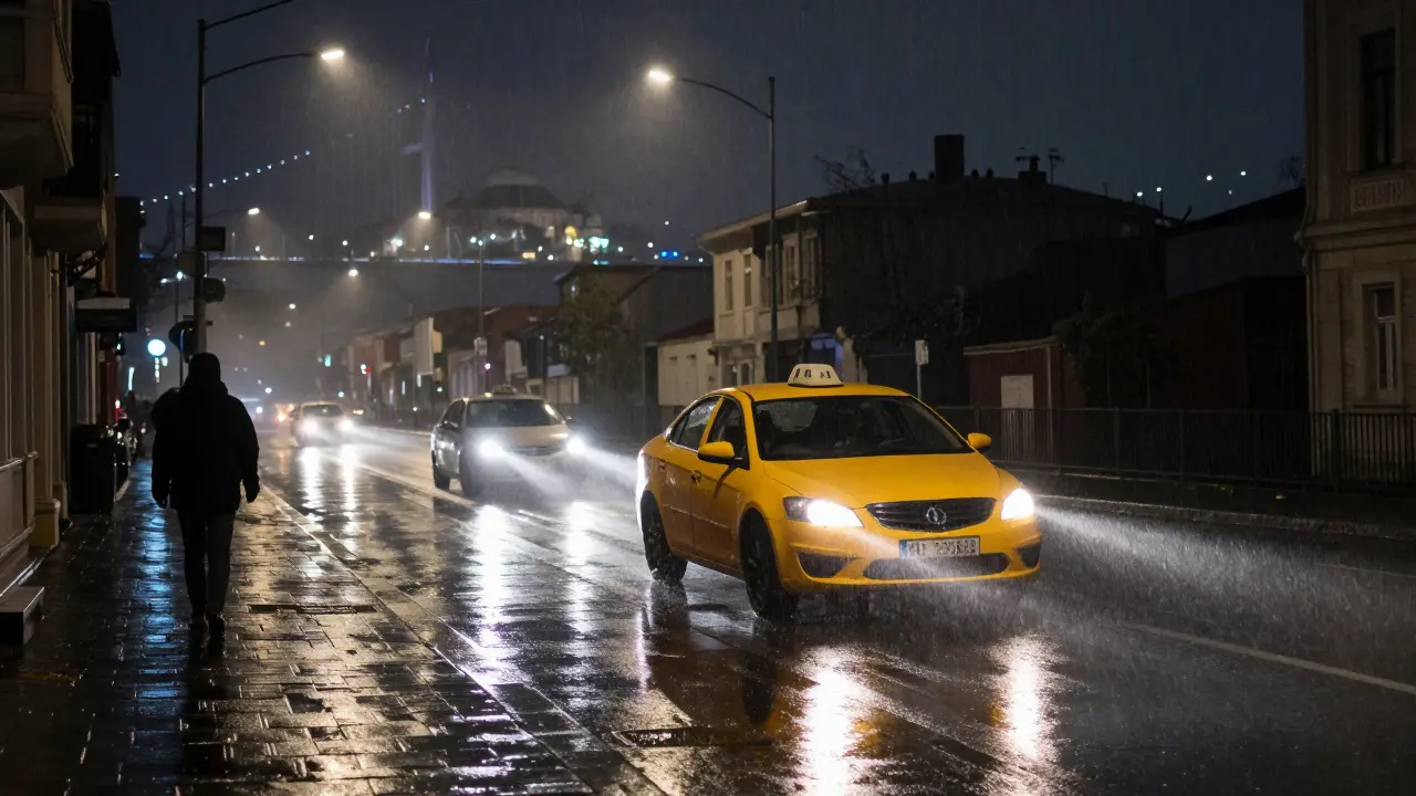 Yellow taxi headlights reflecting on wet city street at night.